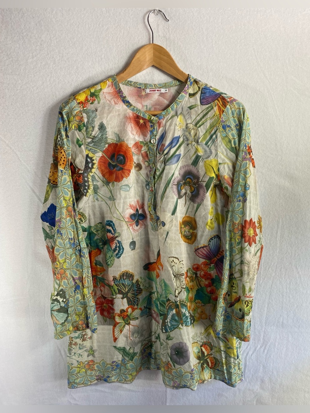 Johnny Was Floral Boho Shirt Blouse Floral Butterfly 3/4 Button Cream Size S